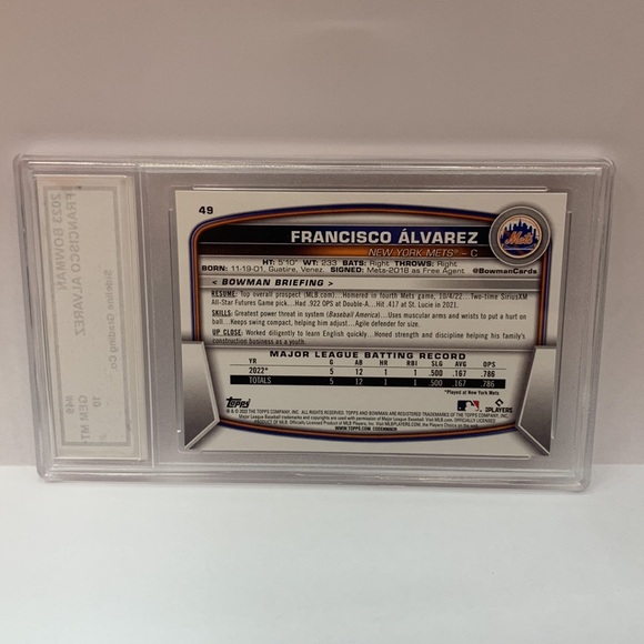 2023 Bowman Francisco Alvarez Mets #49 Graded Gem Mint 10 (MISC8) - Picture 2 of 2